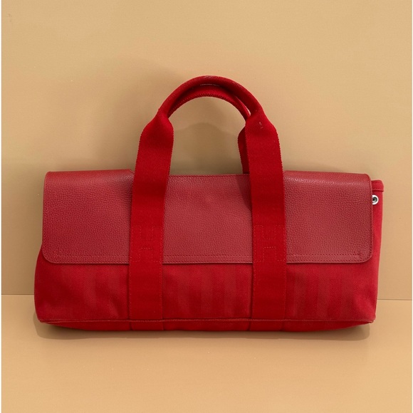 HERMES VINTAGE Valparaiso PM Long Handbag Toile Chevron Red Ladies Handbag - Picture 1 of 16